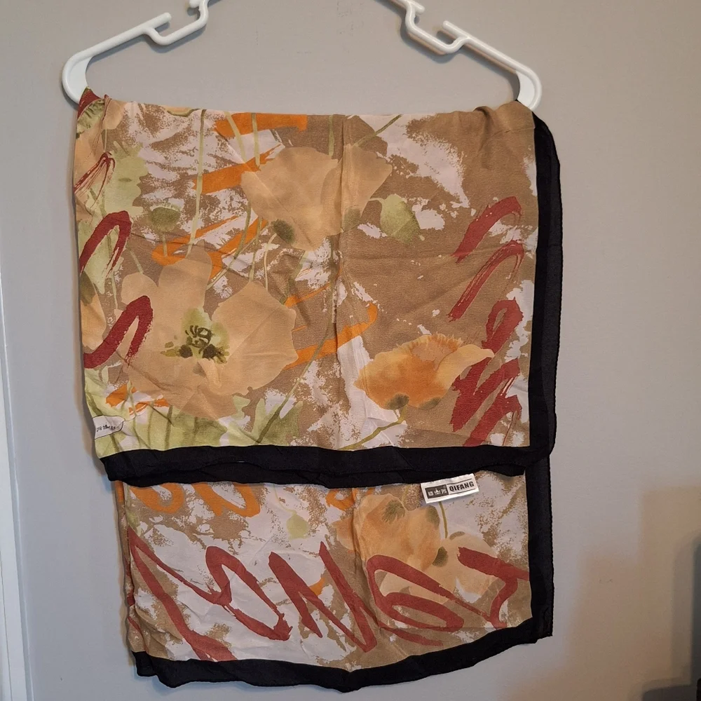 QIFANG 100% SILK Floral Print Scarf with Black Border